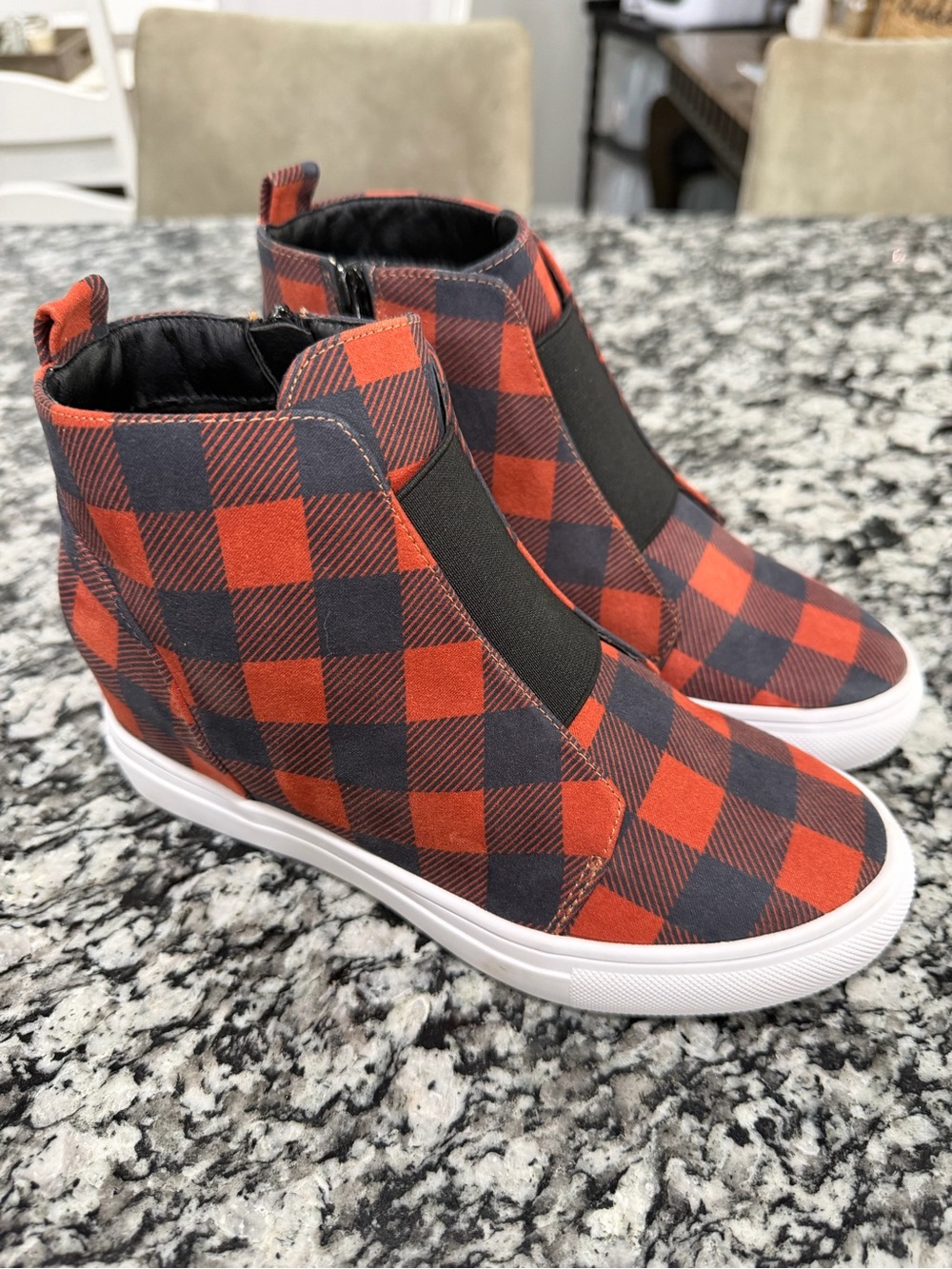 Crazy Train Red and Black Buffalo Plaid Slip-On Wedge Sneakers Women’s size 6